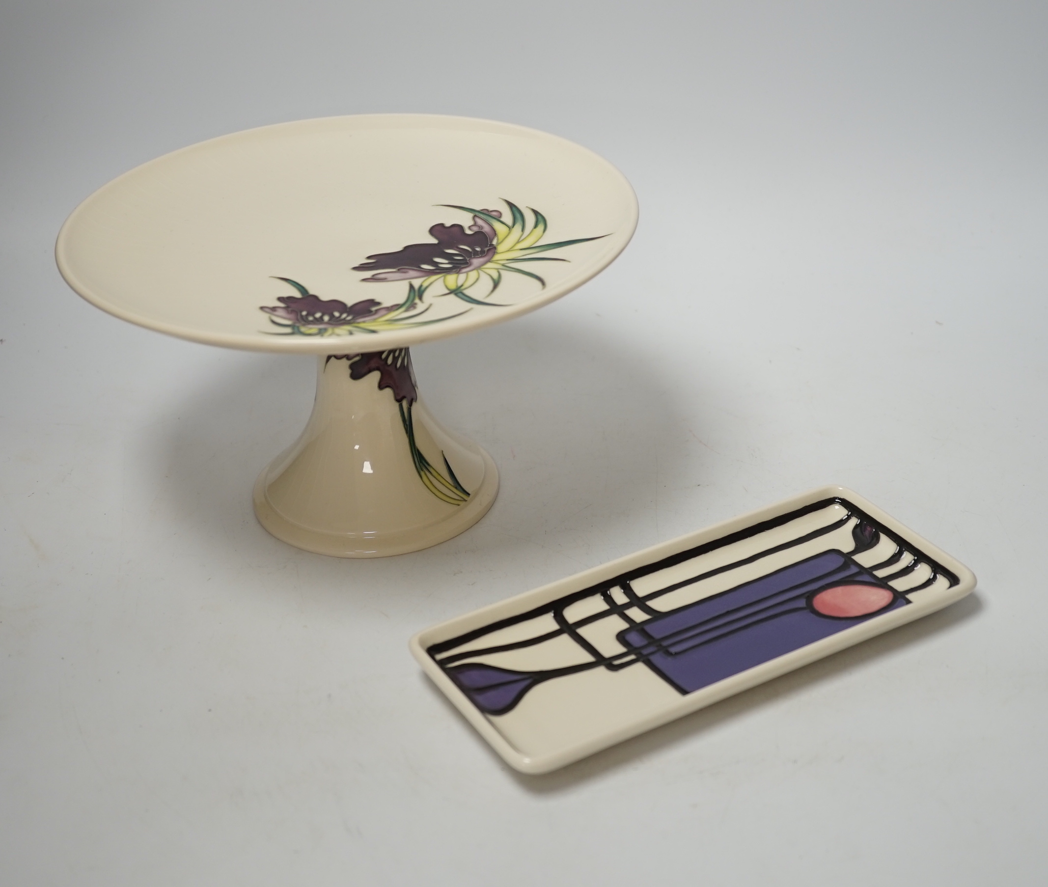 A Moorcroft Macintosh style tray (boxed) and a Moorcroft ‘Persephone’ tazza, 13cm high x 22.5cm diameter